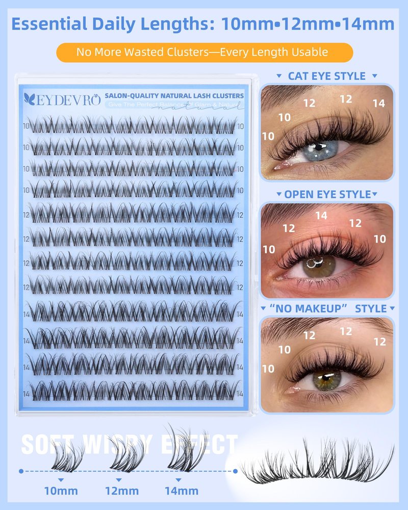EYDEVRO Spider Lash Clusters Breeze Wispy Eyelash Clusters Slightly Fluffy Cluster Eyelash Extensions 10mm-12mm-14mm Clear Band DD Curl Cluster Lashes DIY Salon-quality Lash Extensions at Home