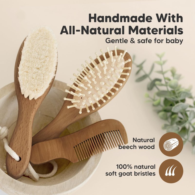 Baby Hair Brush Set for Newborns - Soft Goat Bristle Wooden Baby Brush and Comb Set Newborn Grooming Kit for Cradle Cap, Durable & Gentle, Boy, Girl Infant Essentials Care Kit (Regular, Dark Walnut)