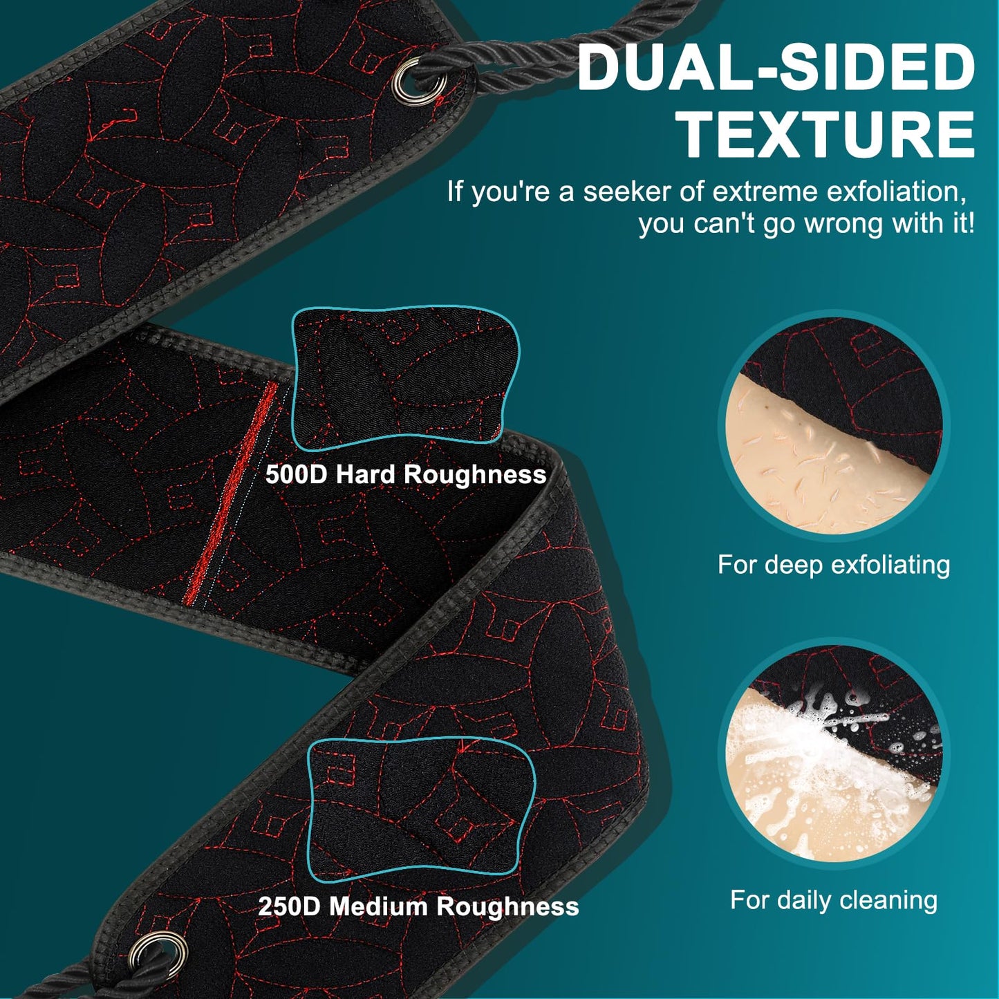 dodiff Exfoliating Back Scrubber for Use in Shower, 38.5 Inch Back Washer with Handles, Dual-Sided Body Exfoliator for Daily & Deep Skin Cleaning, Bath Back Scrub Washcloth for Men & Women (Black)