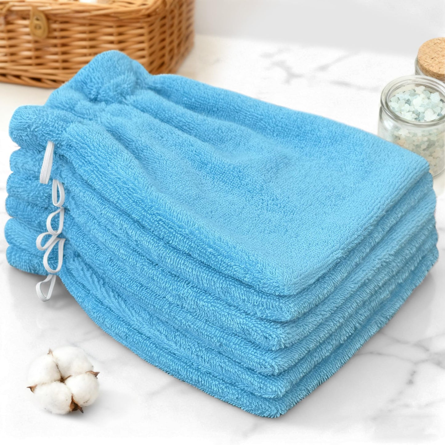 VOOVA & MOVAS Washcloths for Showering 6PC, 8.3x6.3 Inch,100% Cotton Soft Absorbent Bath Mitt with Hanging Loop, European Style Wash Cloths for Body Shower & Bath, Blue