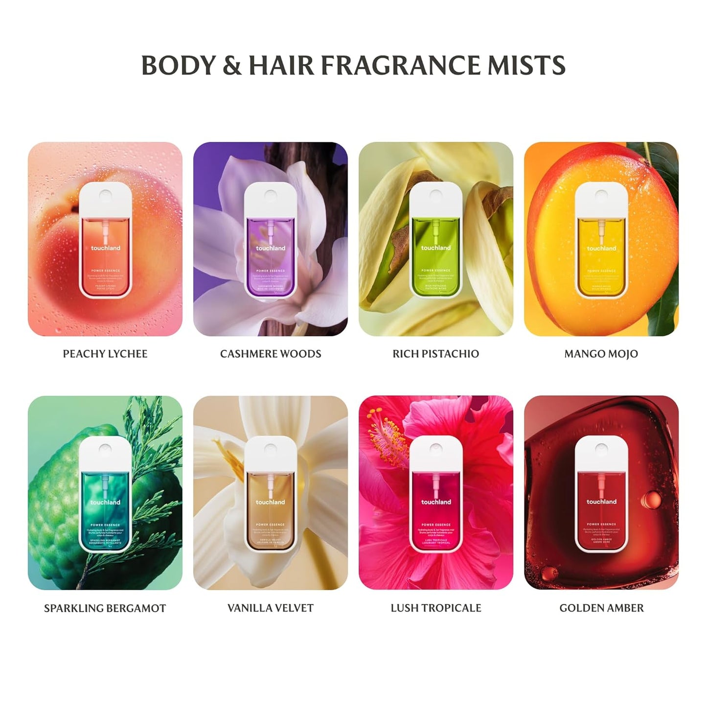 Touchland Hydrating Body & Hair Fragrance Mist - Golden Amber | 2 FL OZ Travel Size Perfume Spray with Jasmine, Pink Lavender & Ruby Amber Notes