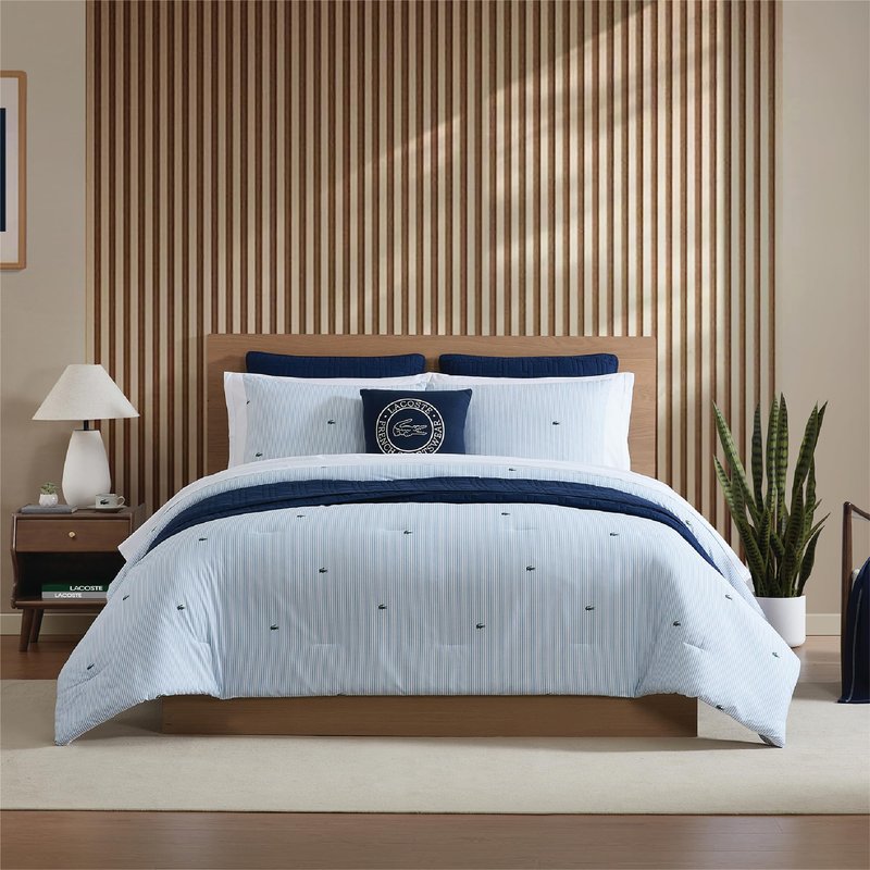 Lacoste Pinstripe Croc Comforter Set, 100% Percale Cotton 180TC, Breathable All Season Bedding with Embroidered Crocodile Logo, Blue, Twin