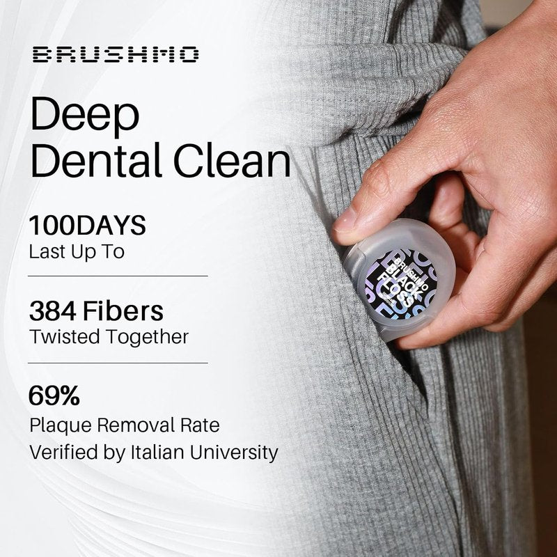 Brushmo Black Floss (BBFloss) - Expanding Floss, Gum-Friendly Soothing Mint Dental Floss, Natural Vegan Wax to Remove Plaque from Teeth, US-Dentist Designed PTFE & PFAS Free Oral Care, 1 Spool, 55 yd