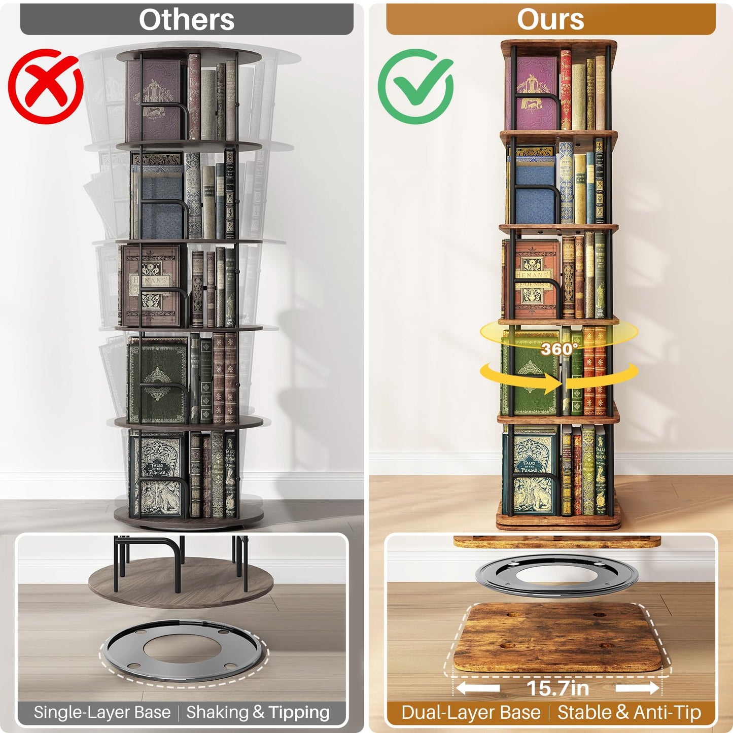Branwick Rotating Bookshelf 5 Tier 360° Accessibility, Revolving Bookcase Spinning Bookshelf Tower, Wood Narrow Space Saving Book Shelf Organizer for Bedroom, Living Room, Study Room
