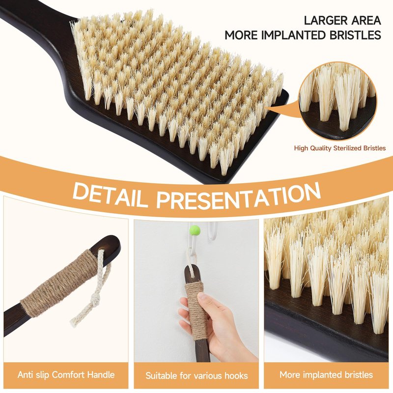 ENAMELEVO Back Scrubber Shower Brush,Dry Brushing Body Brush with 17.7 Inch Curved Long Handle, Natural Bristles for Lymphatic Drainage, Soft & Stiff Bristles Available (Natural Fiber, Soft)
