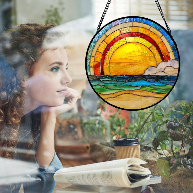 QZQCBLC Stained Glass Window Hanging Rainbow Beach Sunrise Scenery 6.3" - Waves Suncatcher Door Garden Sun Catcher Home Decor Birthday Christmas for Mom Men Woman Friends
