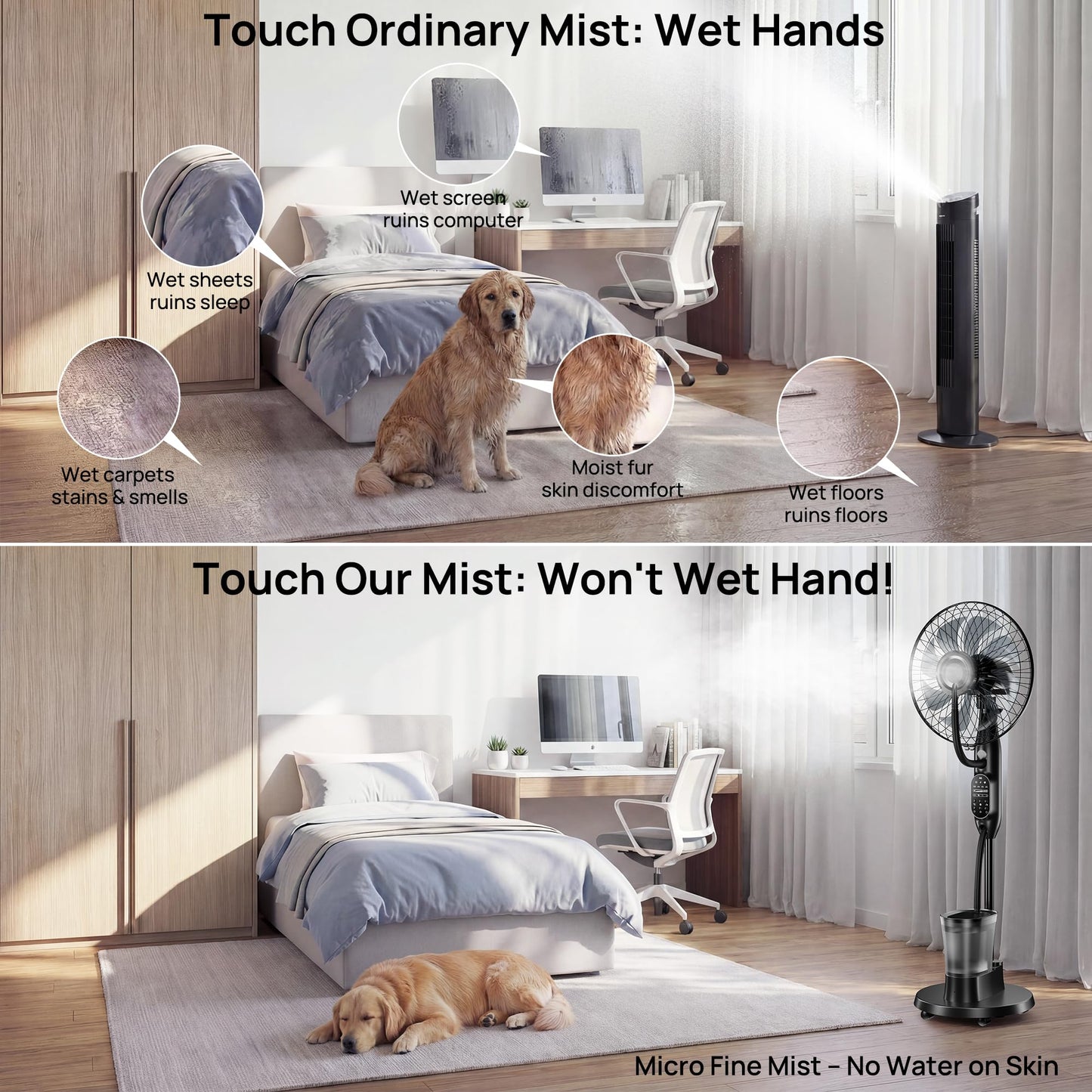 AetherMist Misting Fan, 16'' Standing Fan with Humidifier, Oscillating Fan with 9 Speeds 7H Timer, Fan for Bedroom, Pedestal Fan Indoor Only - 2026 Upgraded