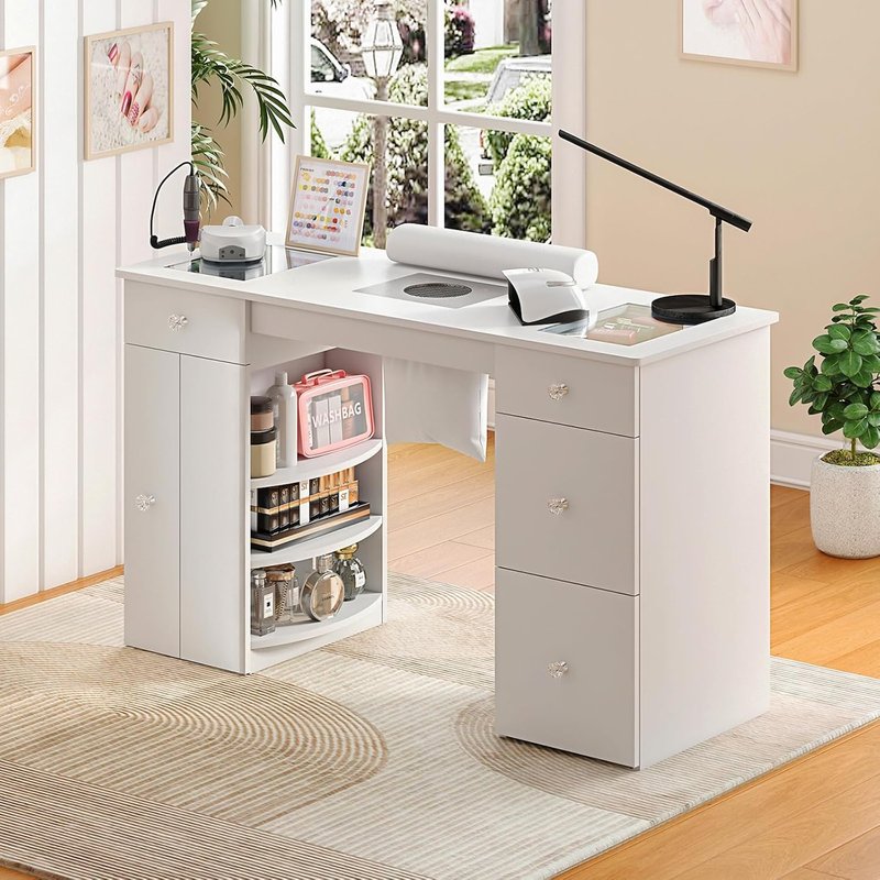 Regine Switzerland Manicure Table - Acetone-Resistant Nail Desk with Glass Top & Visible Drawers | White