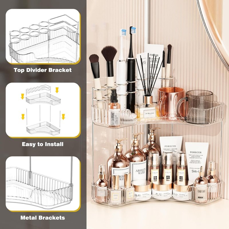 2-Tier Corner Bathroom Counter Organizer - Large Makeup & Skincare Holder | Clear Finish