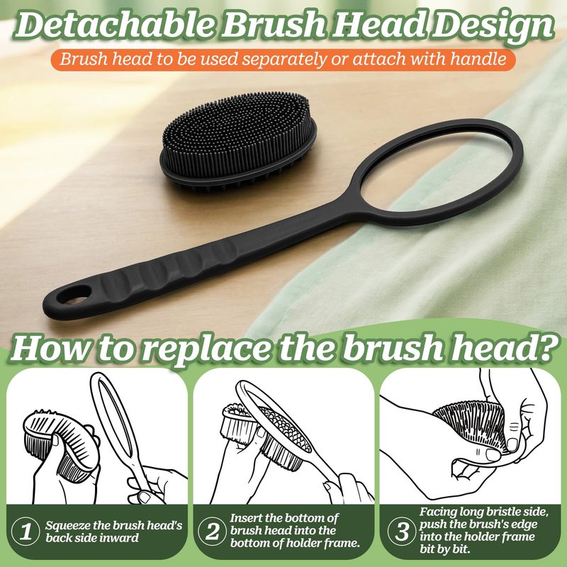 GEENOA Silicone Back Washer for Shower, Gentle Silicone Back Scrubber for Lathering, Soft Silicone Loofah Bath Brush with Dual-Side & Detachable Brush Head, Good for Sensitive Skin(Green)