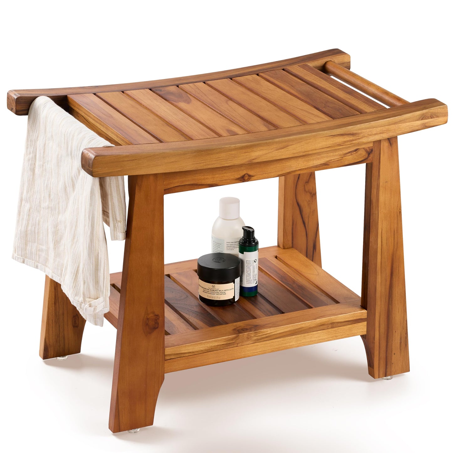 Tinamo 22”L Teak Shower Bench for Inside Shower- 400 Lbs Capacity -Teak Shower Stool & Wooden Bathroom Bench, Shower Chair for Inside Shower with Handles, Teak Shower Benches, Wood Bench for Bath
