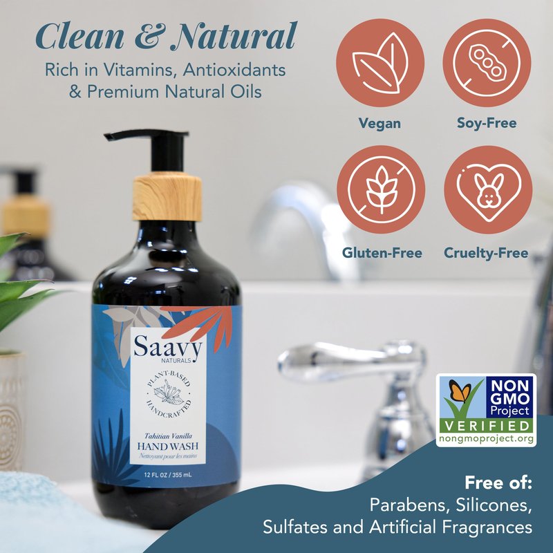 Saavy Naturals Hand Wash – Plant-Based Liquid Hand Soap with Aloe Vera, Shea Butter & Essential Oils – Sulfate-Free, Moisturizing, Food-Grade Ingredients – Tahitian Vanilla – 12 fl oz, 2 pack