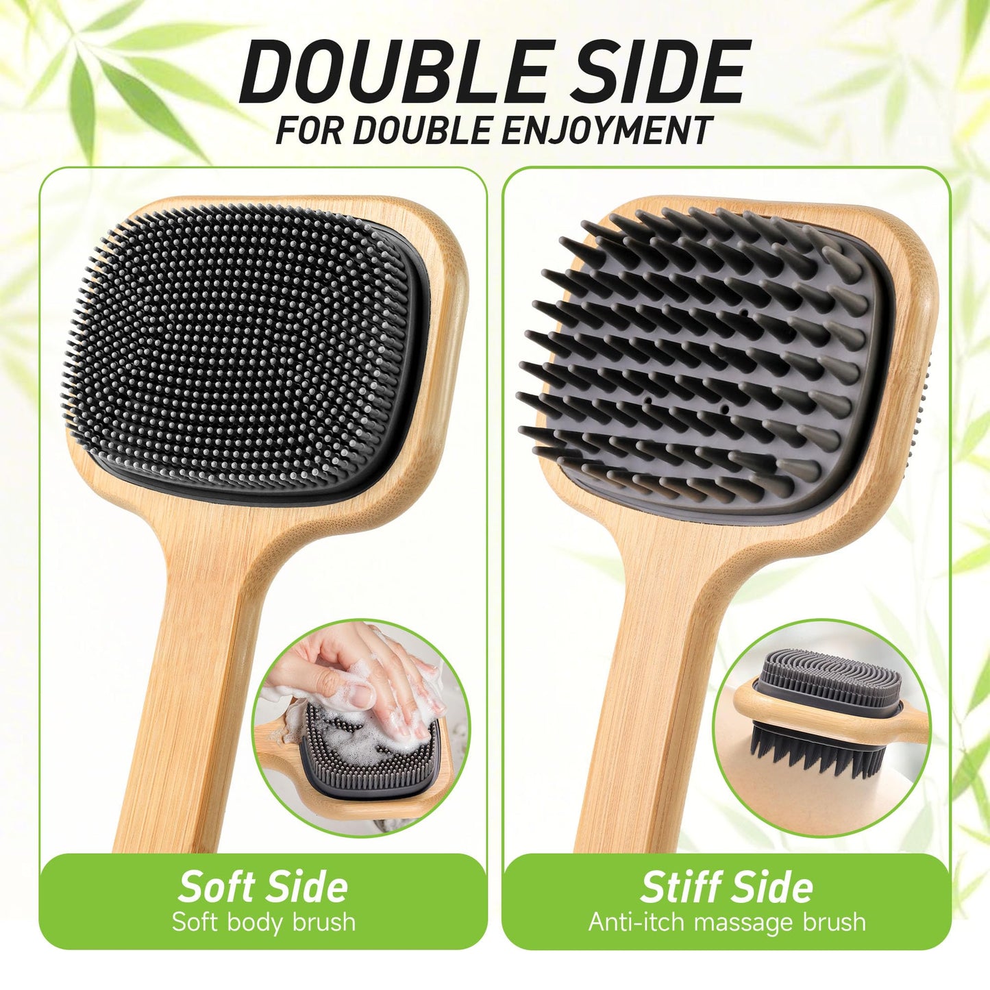NURENDER 16.92'' Double-Sided Back Scrubber for Shower, Silicone Back Bath Brush Ideal for Sensitive Skin, Exfoliating, with Anti-Slip Bamboo Handle & Hanging Loop, Dry Body Brush for Men, Women