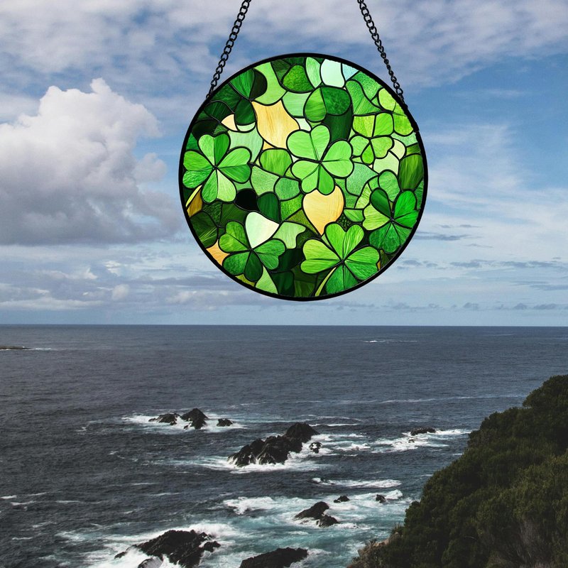 QZQCBLC Stained Glass Window Hanging Lucky Clover 7.8" - Suncatcher Door Garden Sun Catcher Ireland Green Decor Birthday Mother's St. Ripack's Day Gift for Woman Mom Men Friend Nana Wife