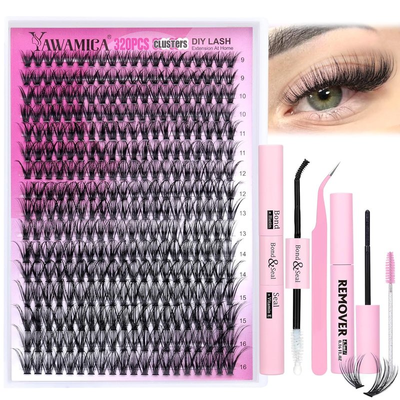 Eyelash Clusters Kit - 320pcs D Curly 9-16mm Individual Lashes | Wispy Extensions with Bond, Seal & Applicator for Beginners