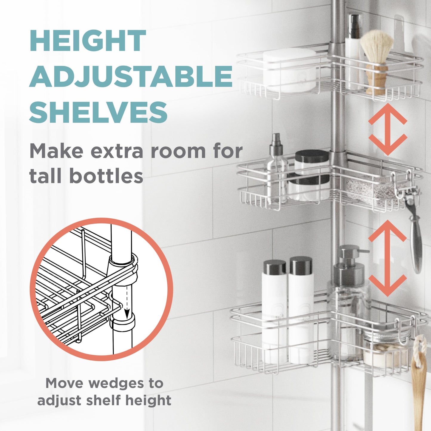 Zenna Home Tension Pole Shower Caddy Corner Organizer, Adjustable Standing Shower Caddy with 4 L-shaped Baskets and Hooks, Rust Resistant Bathroom Tension Rod Organizer, 60 to 97 Inch, Satin Nickel
