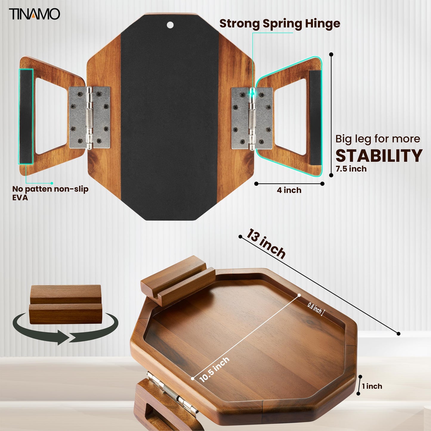 Tinamo Octagonal Acacia Sofa Arm Tray, Couch Armrest Table with Folding Arms - Armchair Caddy, Clip on Tray with Adjustable Arm Hinges for Home Sofa Living Room (Acacia, Octagon Phone Holder)