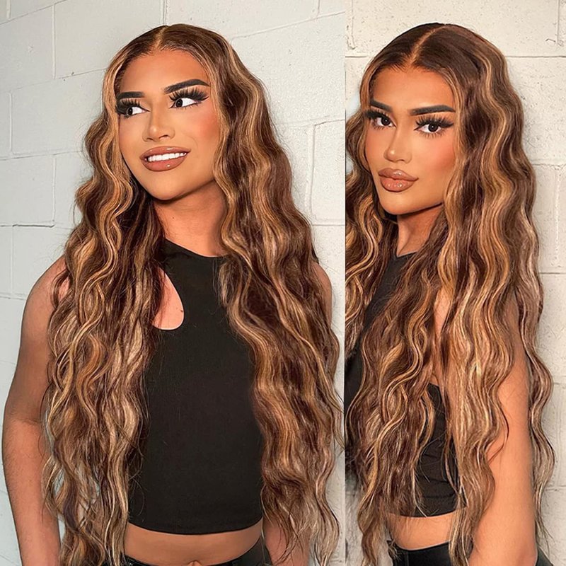 Hepnok 30 Inch Highlight Ombre Lace Front Wig Human Hair Honey Blonde Body Wave 13x6 HD Lace Front Wigs Human Hair Pre Plucked 200 Density Brown 4/27 Colored Lace Frontal Glueless Wigs for Women