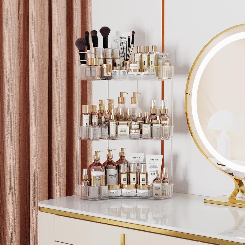 Asayuee 3-Tier Corner Bathroom Counter Organizer with Top Toothbrush Holders,Large Makeup Organizer Countertop with Brush Holder,Skincare Organizers Corner,Exquisite Vanity Organizer (Clear, 3 Tier)