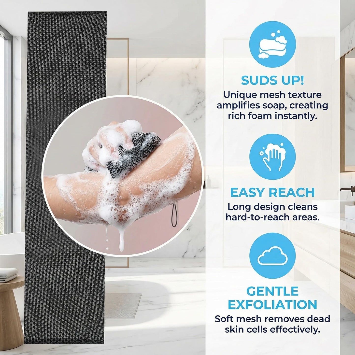 Thourevl Dual-Sided Exfoliating Shower Towel with Extra-Long Handle, Premium Body Scrubber for Back Exfoliation，Black and Pink (2-Pack)