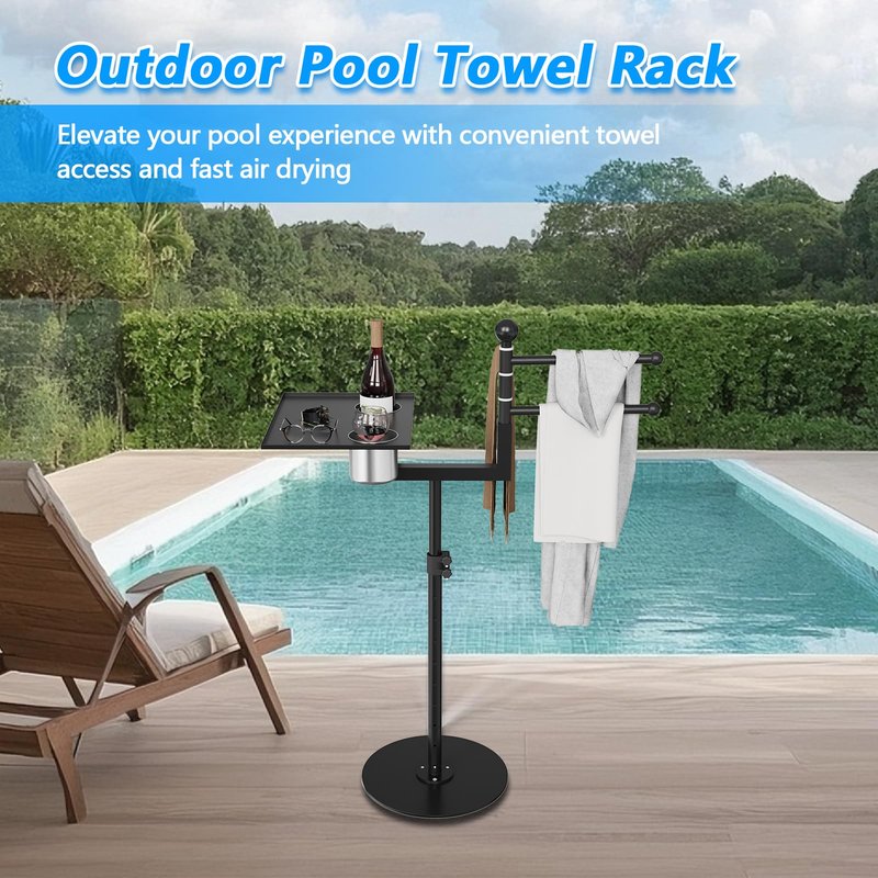 2-in-1 Pool Towel Rack Outdoor, Adjustable Height Poolside/Hot Tub Side Towel Rack Combine 360°Rotating 3-Bar & Tabletop, Space-Saving Freestanding Towel Holder for Poolside, Hot Tub, Patio Area