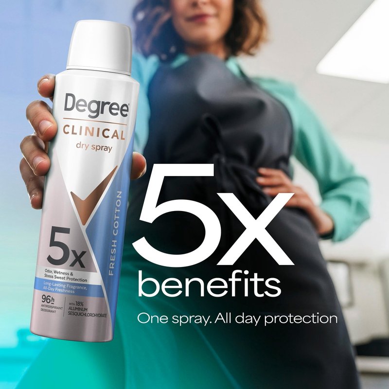 Degree dry spray for 96 Hour sweat and odor protection Fresh Cotton 5X protection 3.8oz