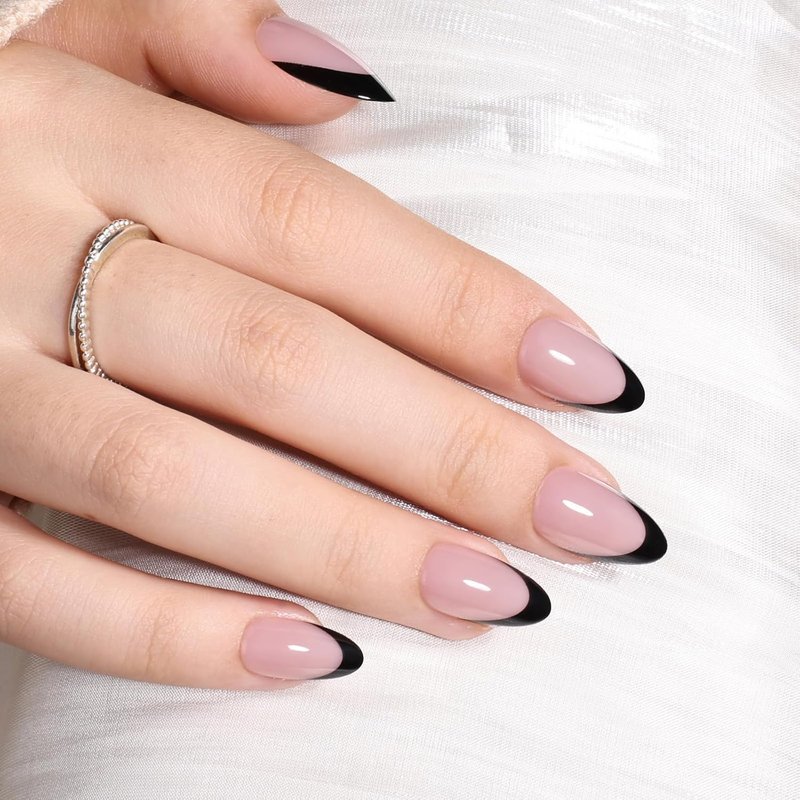 Black French Tip Press On Nails, Short Almond Fake Nails, Reusable Glue On Nails with Nail Glue, French Tip Design for Women 32 Pieces 16 Sizes