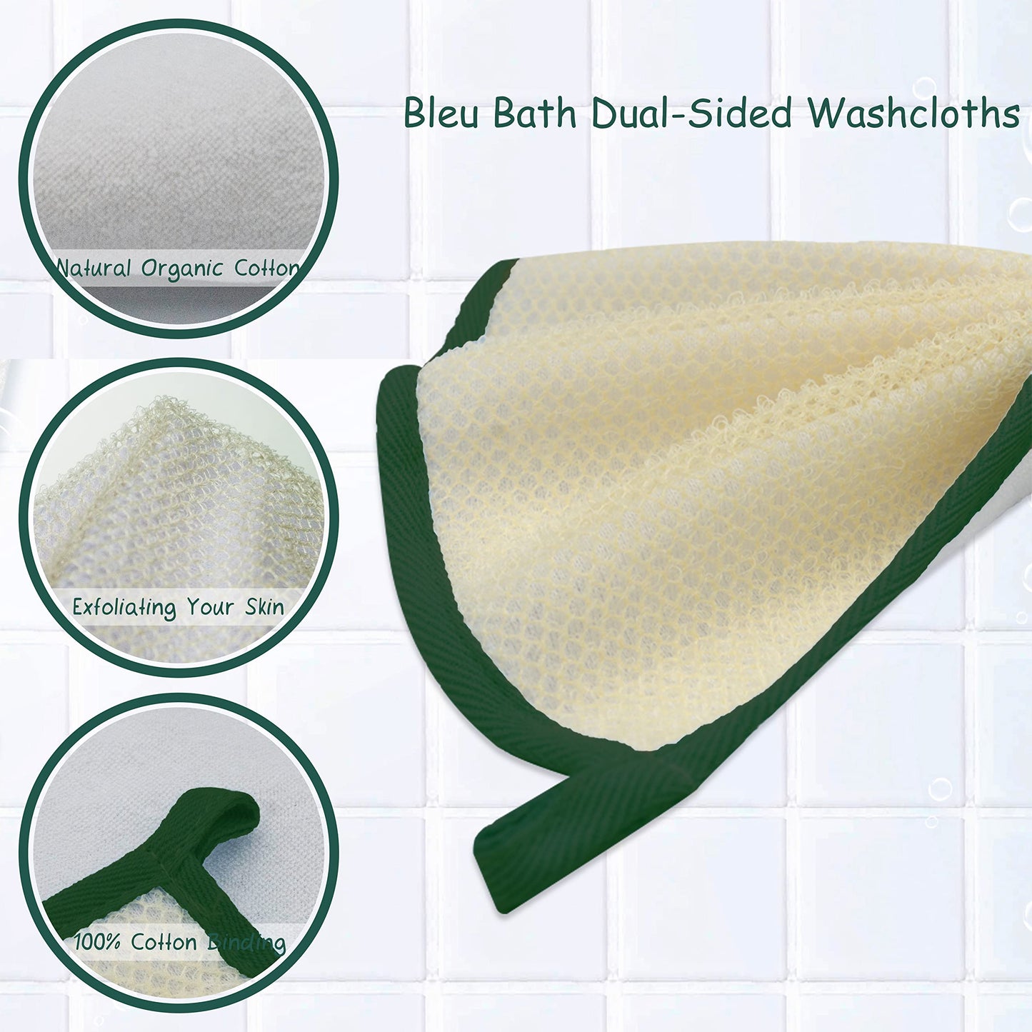 Bleu Bath (6 Pack) Dual-Sided Exfoliating Skin Towel Natural Terry Body Cloth Scrubber Premium Sturdy Loofah Towel Soft and Buffing Wash Cloth White for Either Oil or Dry Skin (Passion Green)