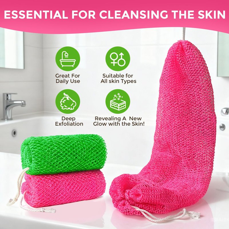 2 Pieces African Net Sponge Authentic, Durable Back Scrubber Washcloth for Shower, Exfoliating Net Sponge for All Skin, Bathing Accessories for Women (Pink and Green)