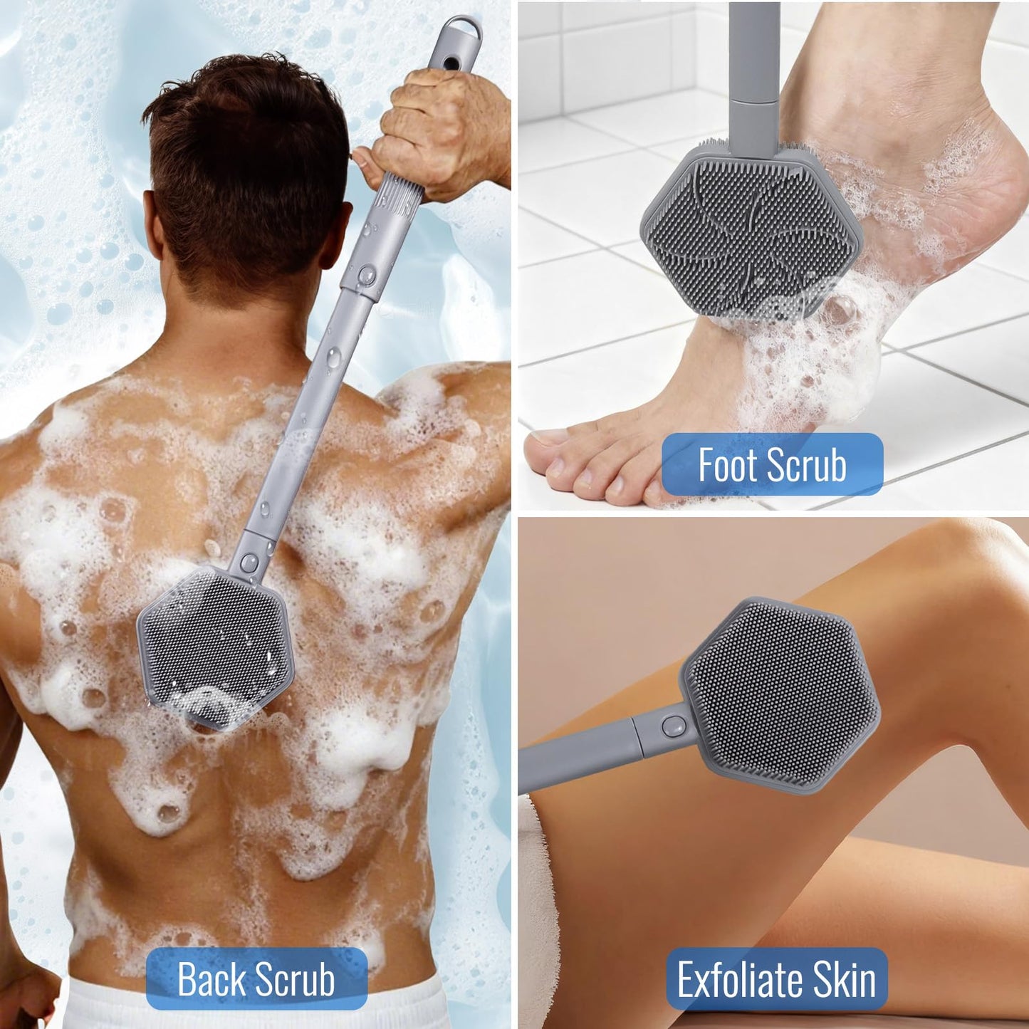 AIMAIAIMAI Silicone Back Scrubber for Shower – 21in Extendable Shower Brush with Long Handle – Dual-Sided Back Brush with Non-Slip Grip, Gentle Cleansing & Exfoliation for Men, Women, Elderly (Gray)
