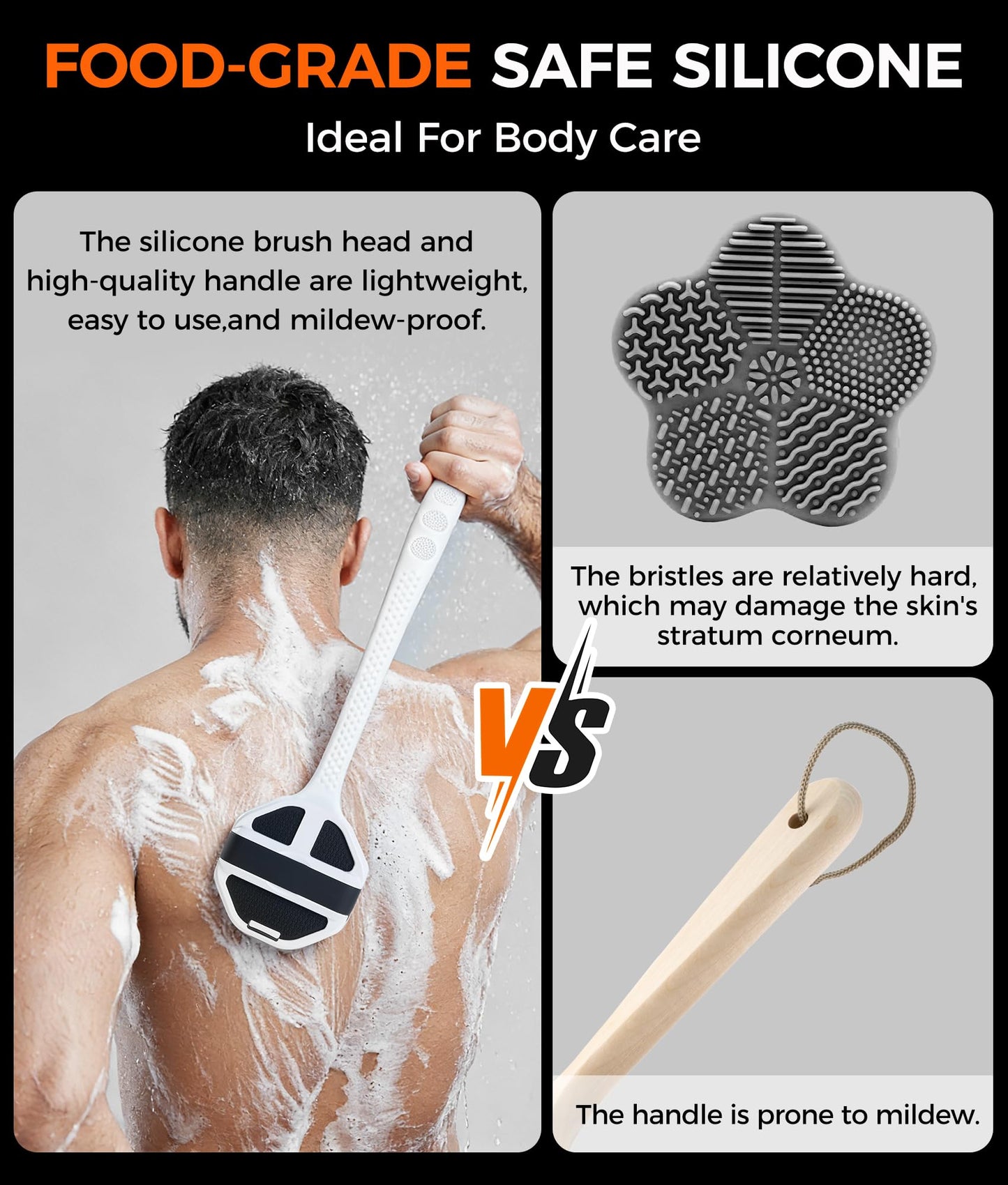 EaTubano Back Scrubber for Shower, 2 Pack Silicone Body Scrubber with Long Handle, Soft Bristles Gentle Exfoliating Bath Brush for Deep Cleansing, Black + Pink