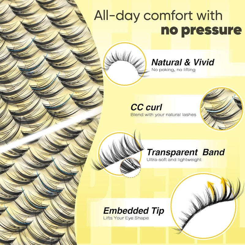Lash Clusters Wispy Eyelash Clusters 10/11/12/13MM CC-Curly Natural Cluster Eyelash Extensions Bunny Lashes Clusters with Invisible Band Manga Lash Extensions Pestañas Postizas Naturales