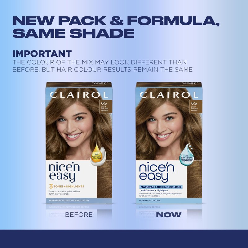 Clairol Nice'n Easy Permanent Hair Dye, 6G Light Golden Brown | 100% Gray Coverage | Long‑Lasting, Natural‑Looking Color & Shine | Pack of 1