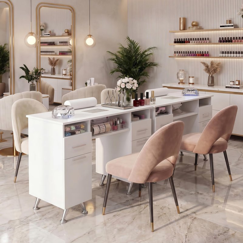 Hicomony Manicure Table Nail Desk with Storage, Professional Nail Tech Desk,with Upholstered Leather Cabinets, Crystal Tufted Modern Nail Salon Desk Table for Beauty Studio