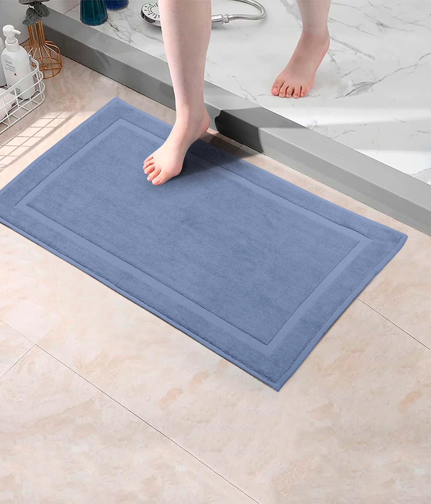 COTTON CRAFT Bath Mats - 2 Pack 100% Cotton 21x30 Inches - Ultra Absorbent - Plush 900 GSM - Banded Border Luxury Towel Rug - Step Out Tub Shower Floor Mat -Not a Bathroom Rug - Azure Blue