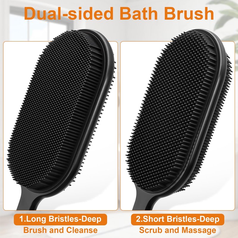 Silicone Back Scrubber for Shower, Long Handle Silicone Body Scrubber with 5.4" Wide Brush Head, Double Sided Back Brush for Shower Exfoliating Massage, 16.5" Silicone Back Brush for Men & Women