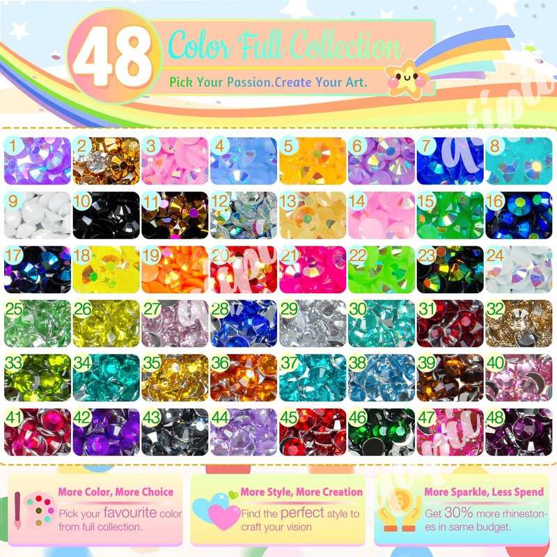 qiipii 48 Color 3mm SS10 Jelly AB & Crystal Colorful Resin Rhinestones for Bedazzling Crafting Flatback Stones Gems Diamonds Bedazzler Kit for Nails Eyes Face Makeup Tumblers Bottles DIY Crafts Shoes
