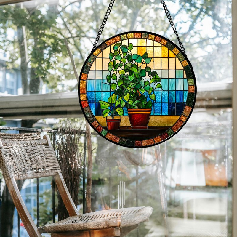 QZQCBLC Stained Glass Window Hanging Green Potted Plants 6.3" - Suncatcher Door Garden Sun Catcher Retro Home Decor Birthday Christmas for Mom Men Woman Nana Friend