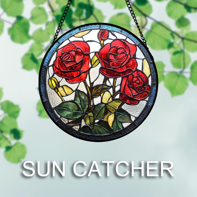 QZQCBLC Stained Glass Window Hanging Red Rose Flower 7.8" - Suncatcher Door Garden Sun Catcher Decor Birthday Anniversary Valentines Day Gifts for Woman Wife Men Her Him Lovers Girlfriend