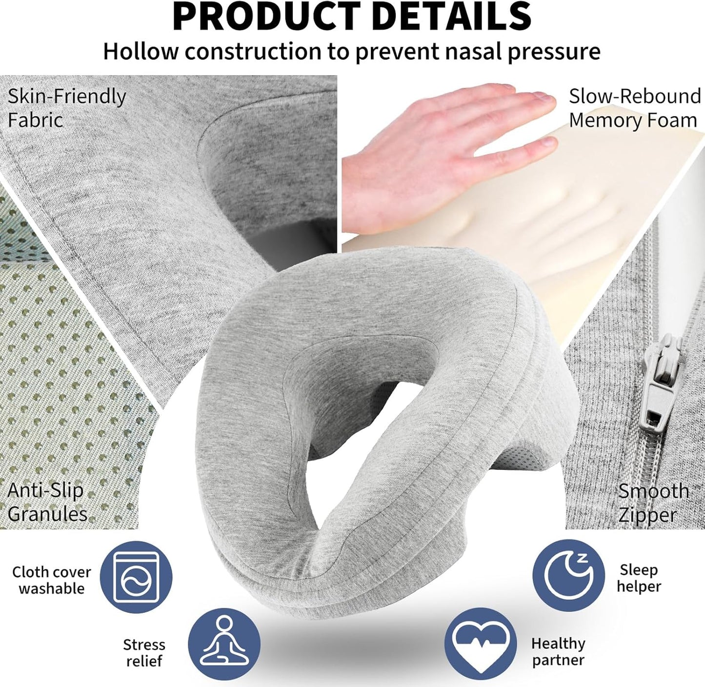VVB Face Down Pillow - Comfortable Massage Headrest for Stomach Sleeping | Grey with Removable Cover