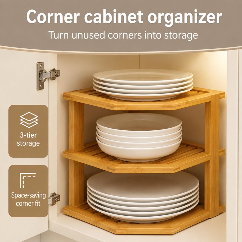 Bambüsi Plate Organizer for Cabinet - 3 Tier Bamboo Corner Shelf Cabinet Organizer for Plates Bowls Mugs Cups, Kitchen Organization, Space Saving Countertop Shelf, Small Spaces, 10 x 10 x 9.5 Inch