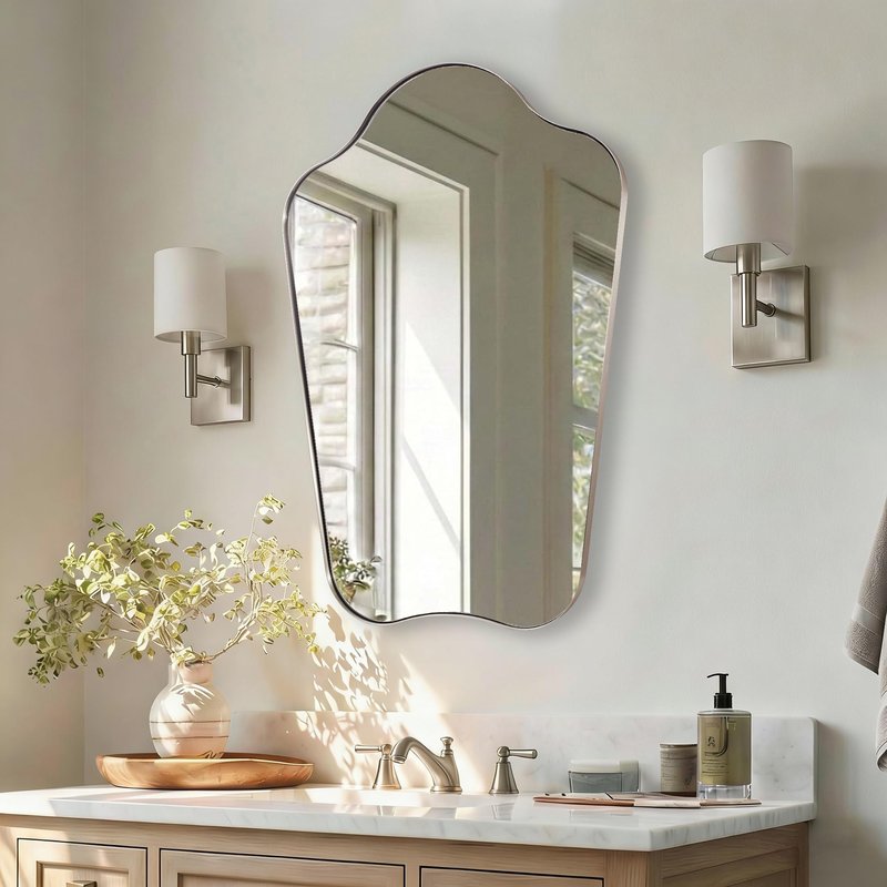 ANDY STAR Brushed Nickel Bathroom Mirror, 22x30 Scalloped Wall Mirror for Vanity, Curved Shaped Mirror for Entryway, Bedroom, Anti-Rust Stainless Steel Frame