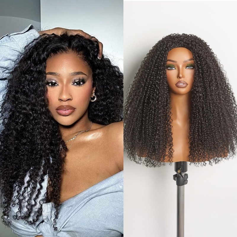 Frodio Kinky Curly Half Wig 20 Inches Veralux Fiber Blend Human Hair 3 in 1 Shaggy Waves Flip Over Drawstring Wig 200% Density Glueless Wigs Natural Black Ready to Go Headband Wig for Women