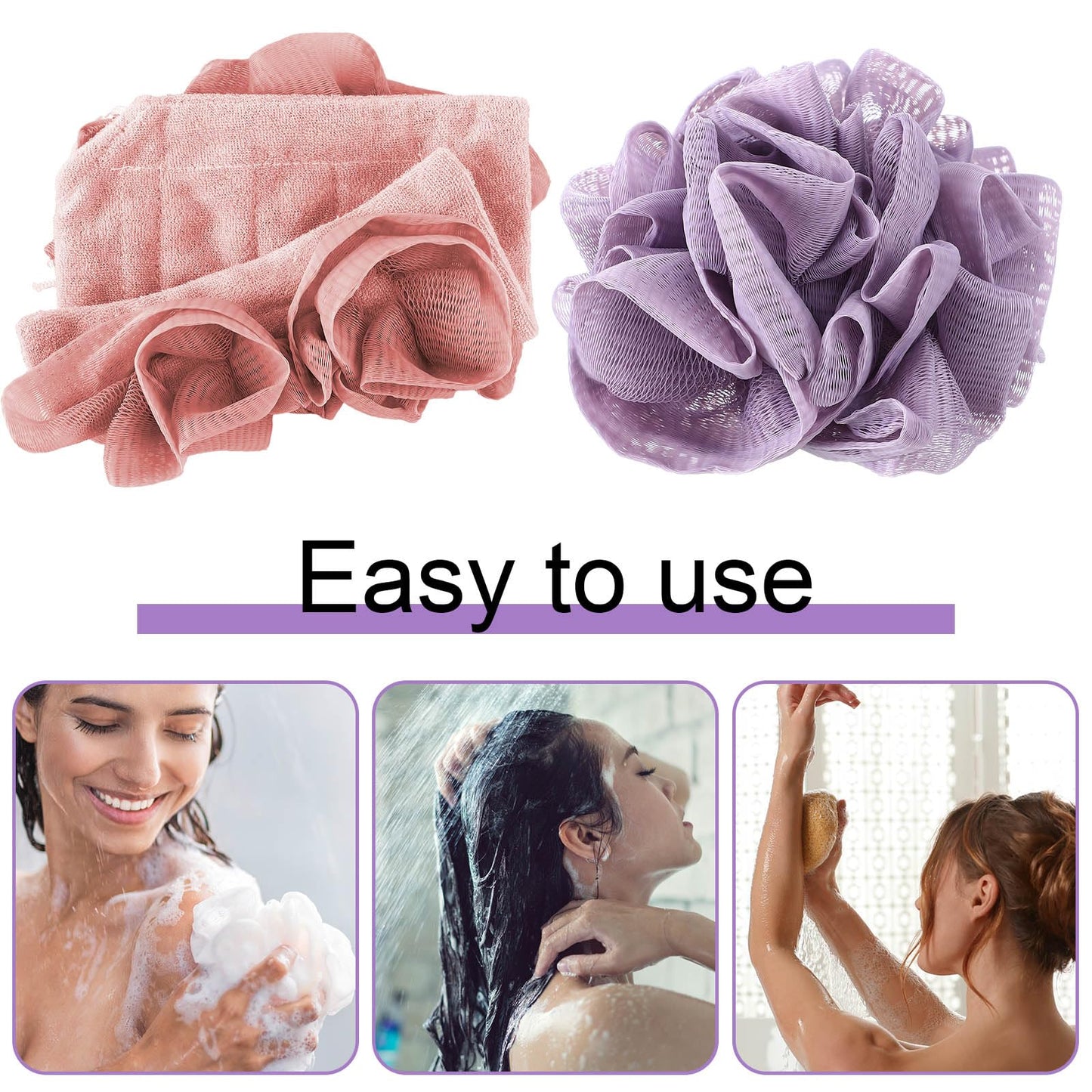 Swiffen 3 Pcs Washcloth Loofah Combo, 2 in 1 Bath Loofah Sponge with Drawstring, Exfoliation Mesh Shower Puff Ball for Body Wash Cleansing and Smooth Skin (Purple Pink Beige)