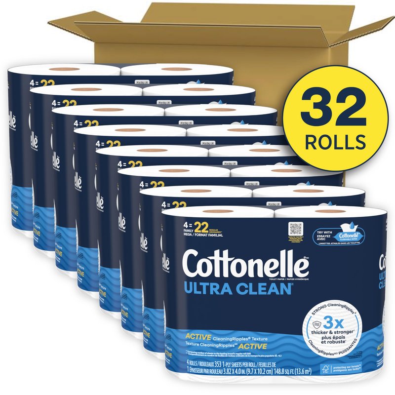 Cottonelle Ultra Clean Toilet Paper with Active CleaningRipples Texture, Strong Bath Tissue, 32 Family Mega Rolls = 176 Regular Rolls (8 Packs of 4)