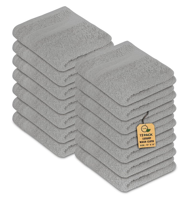 Premium Wash Cloths Pack of 12 (13" x 13") 100% Ring Spun Cotton | Luxury Washcloths | Ultra Soft Face Towels | Highly Absorbent Wash Cloths for face (Silver Grey)