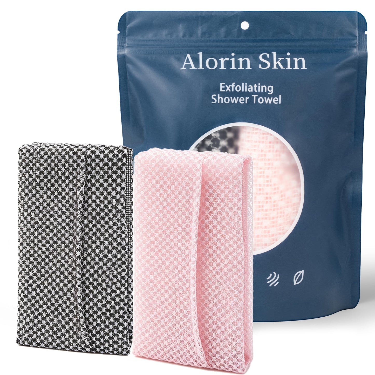 2 PC Alorin Silver Towel Exfoliating Shower Towel, Rip-Resistant Washcloth for All Skin Types, Pink and Black