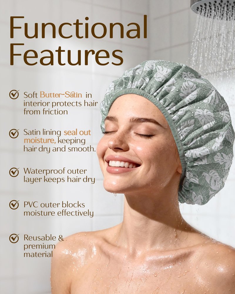 Yanibest Shower Cap for Women - Frizz Free Satin Lined Shower Cap Waterproof Large Double Layer Reusable with Soft Elastic Band for Braids Long Hair