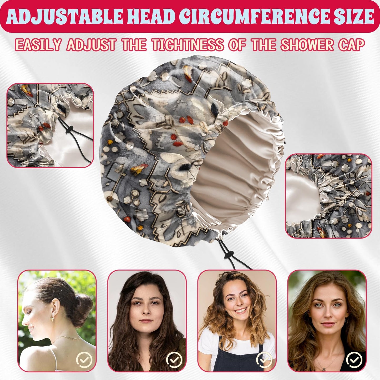 BHAHB Luxury Shower Cap Satin Lined Reusable Waterproof Double Layer Elastic Adjustable Hair Bath Cap Cute Aesthetic Women Girls-Boho
