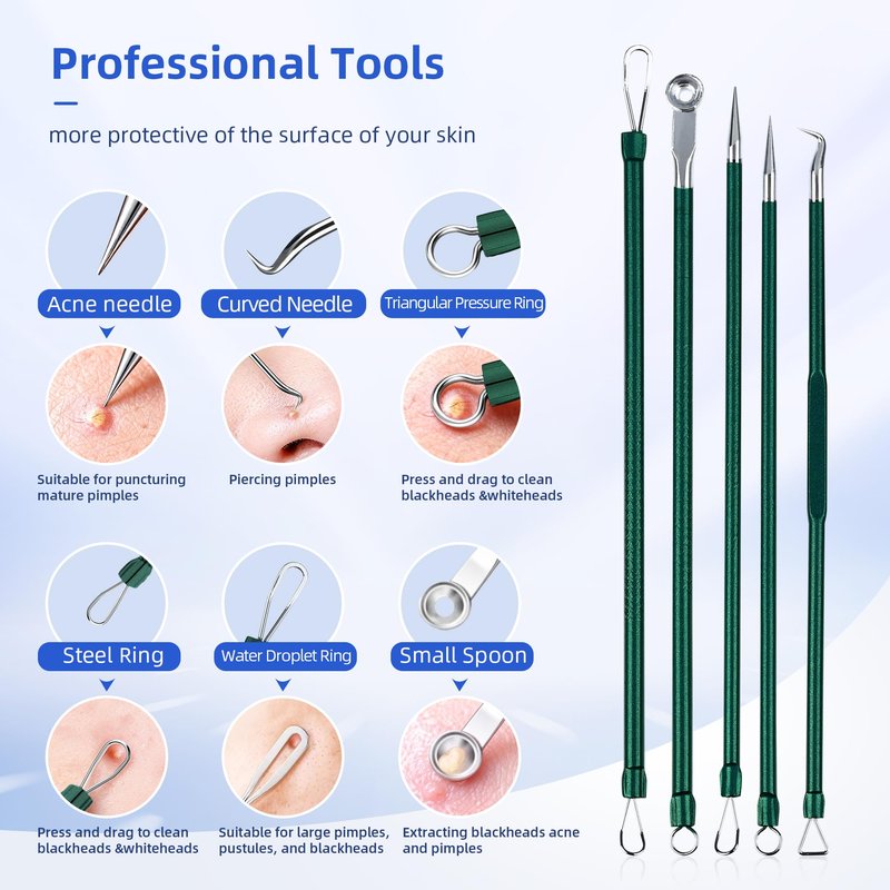 Pimple Popper Tool Kit - 7 Pcs Blackhead Remover Comedone Extractor Kit with Box for Quick and Easy Removal of Pimples, Blackheads, Zit Removing, Forehead,Facial and Nose (Green)